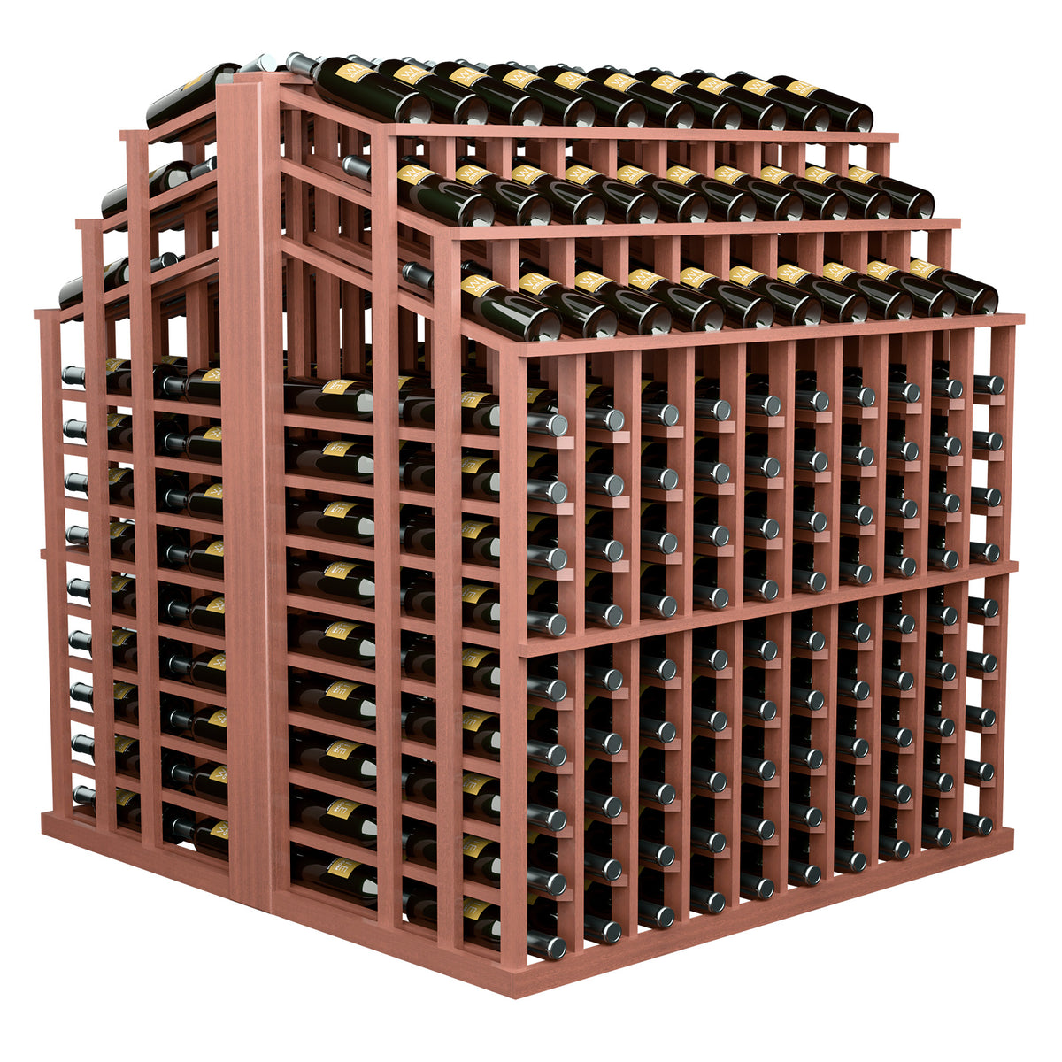 Warm red wood bottle display rack with multi-tier bottle slots and filled bottles