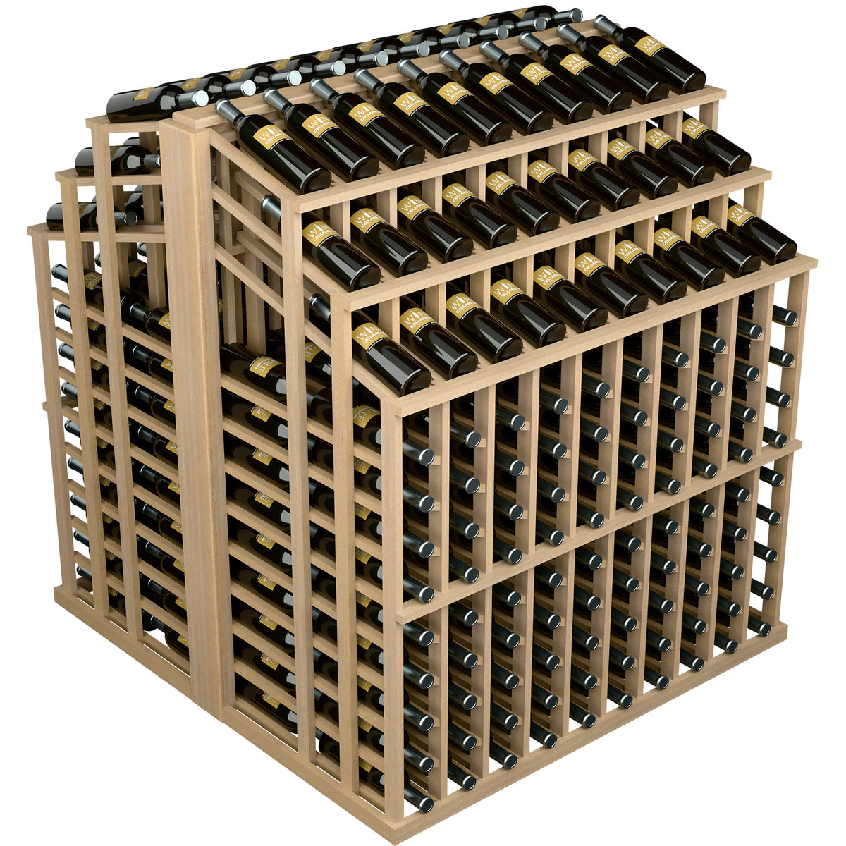Light brown wood wine bottle display rack with black bottles in multiple compartments