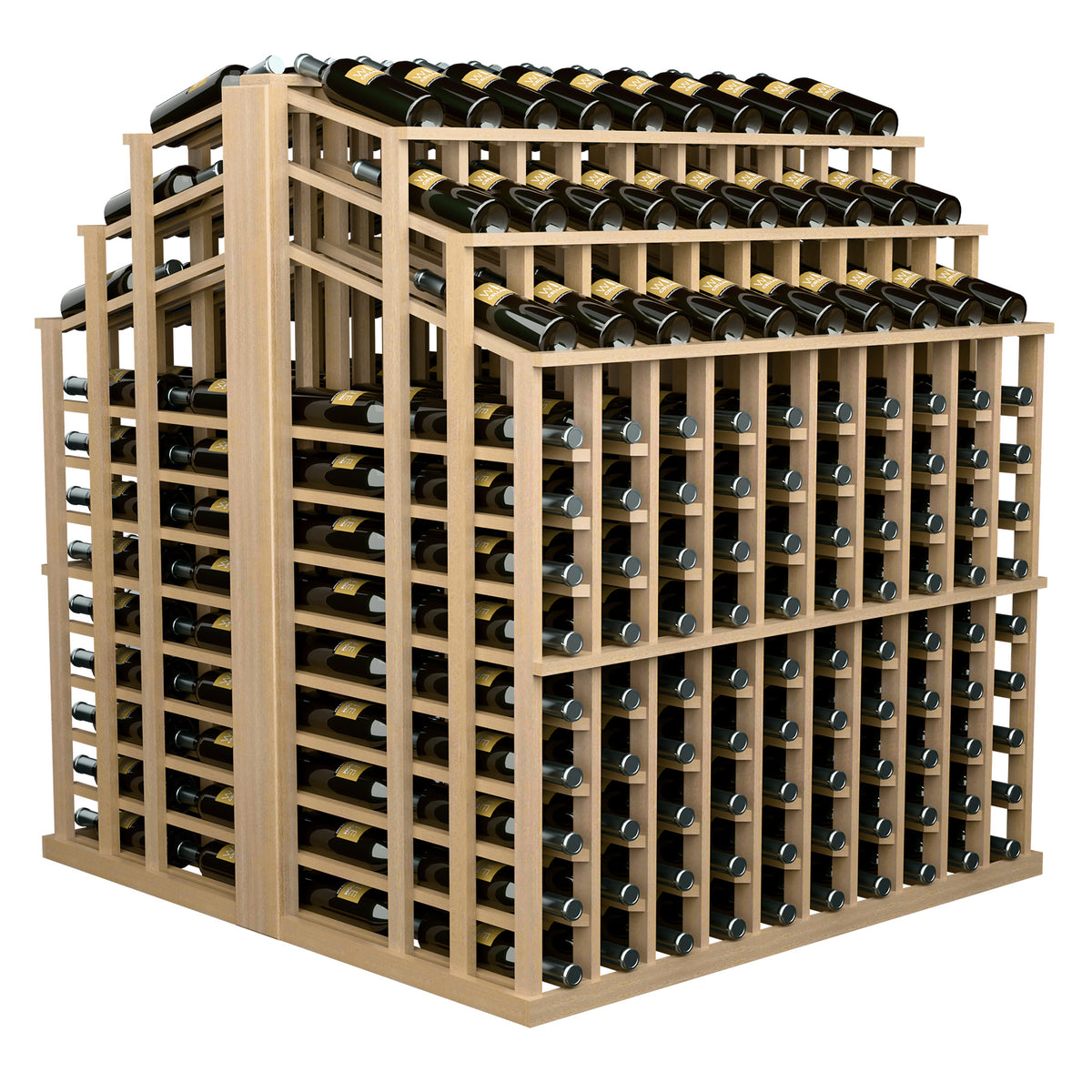 Pale wood bottle display rack with multi-tier bottle slots and filled bottles