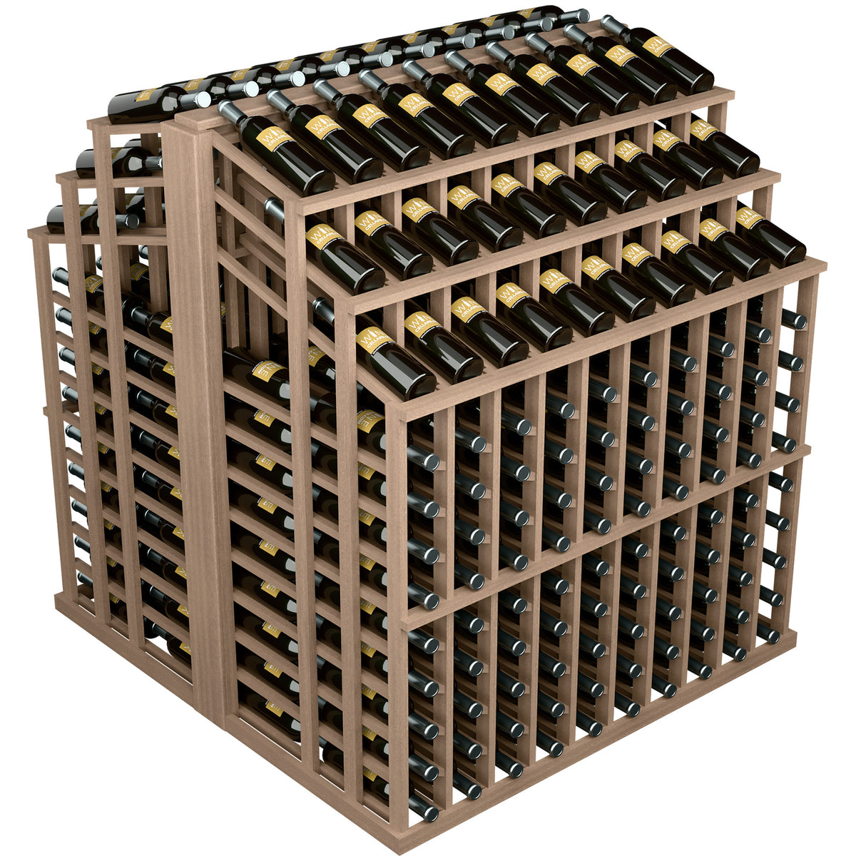Dark wood wine bottle display rack with tiered bottle rows and front storage columns
