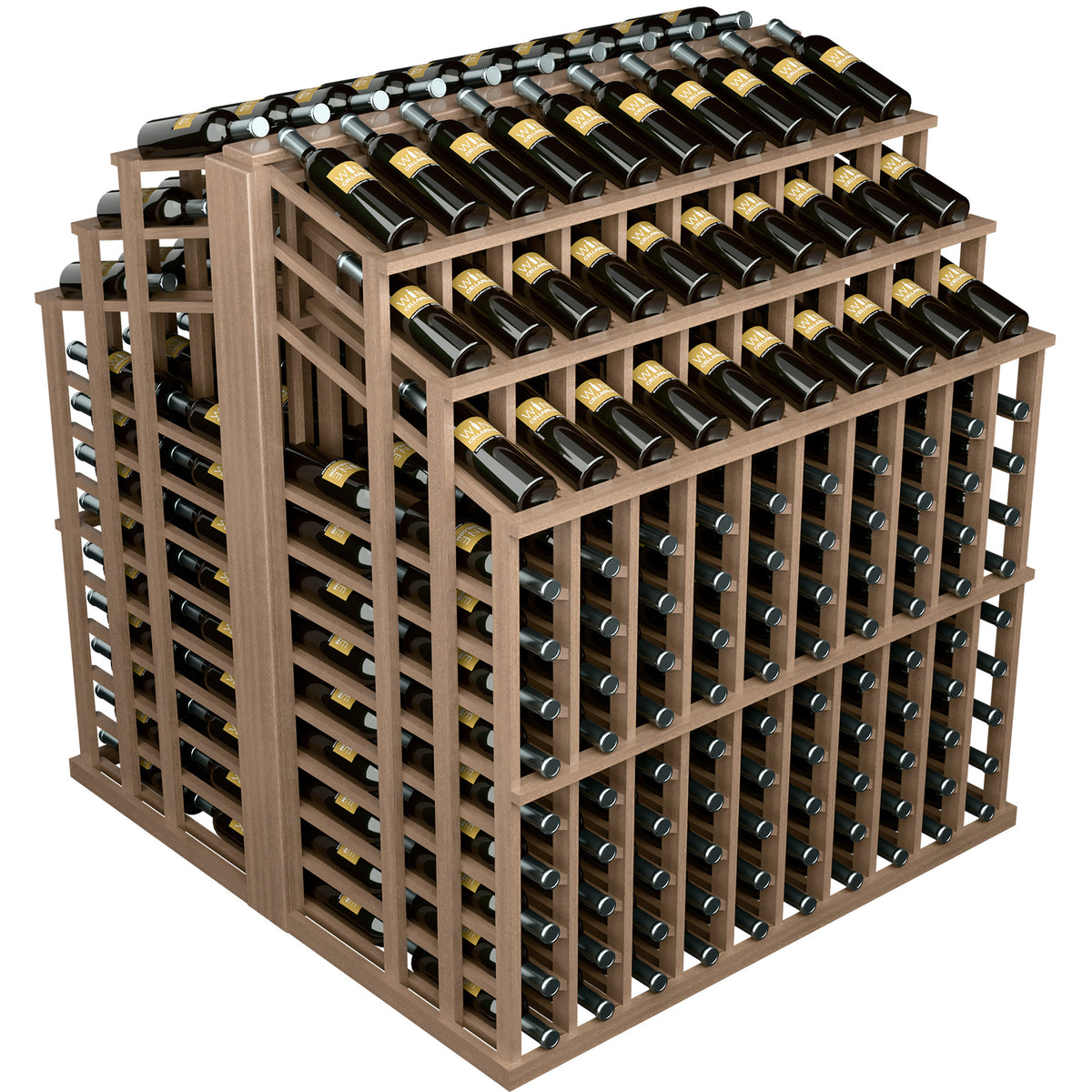 Light wood bottle display rack with multi-tier bottle slots and filled bottles