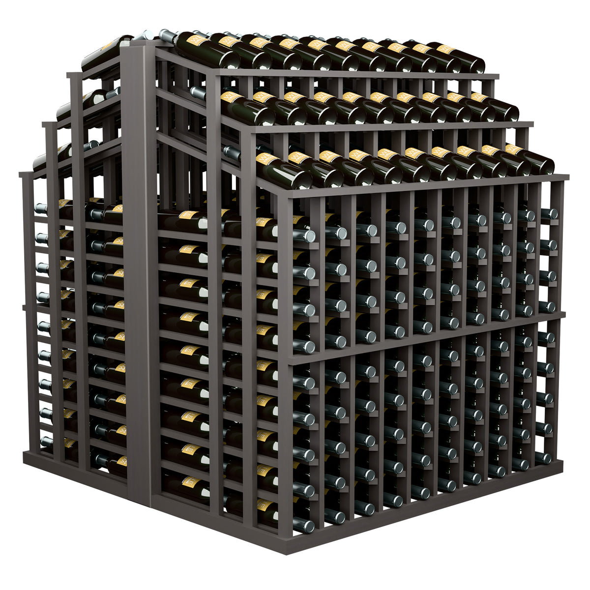Wine bottle display rack with dark gray frame and rows of bottles on three levels