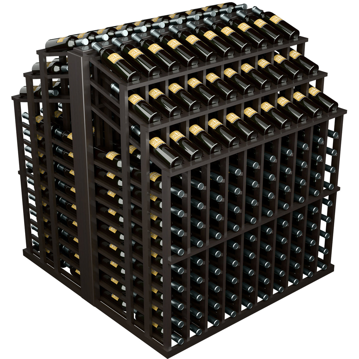 Black wood bottle display rack with multi-tier bottle slots and filled bottles