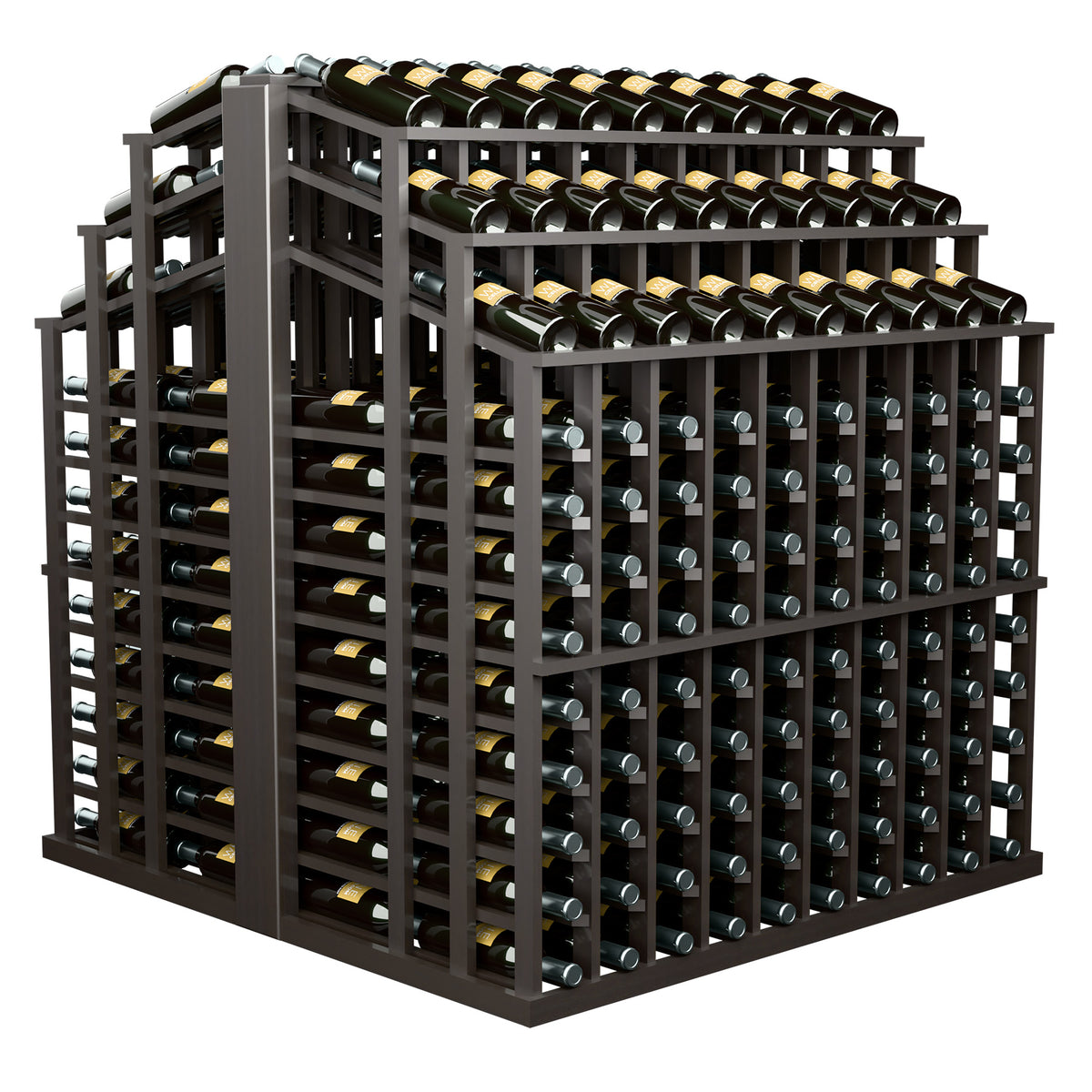 Dark wood bottle display rack with multi-tier bottle slots and filled bottles