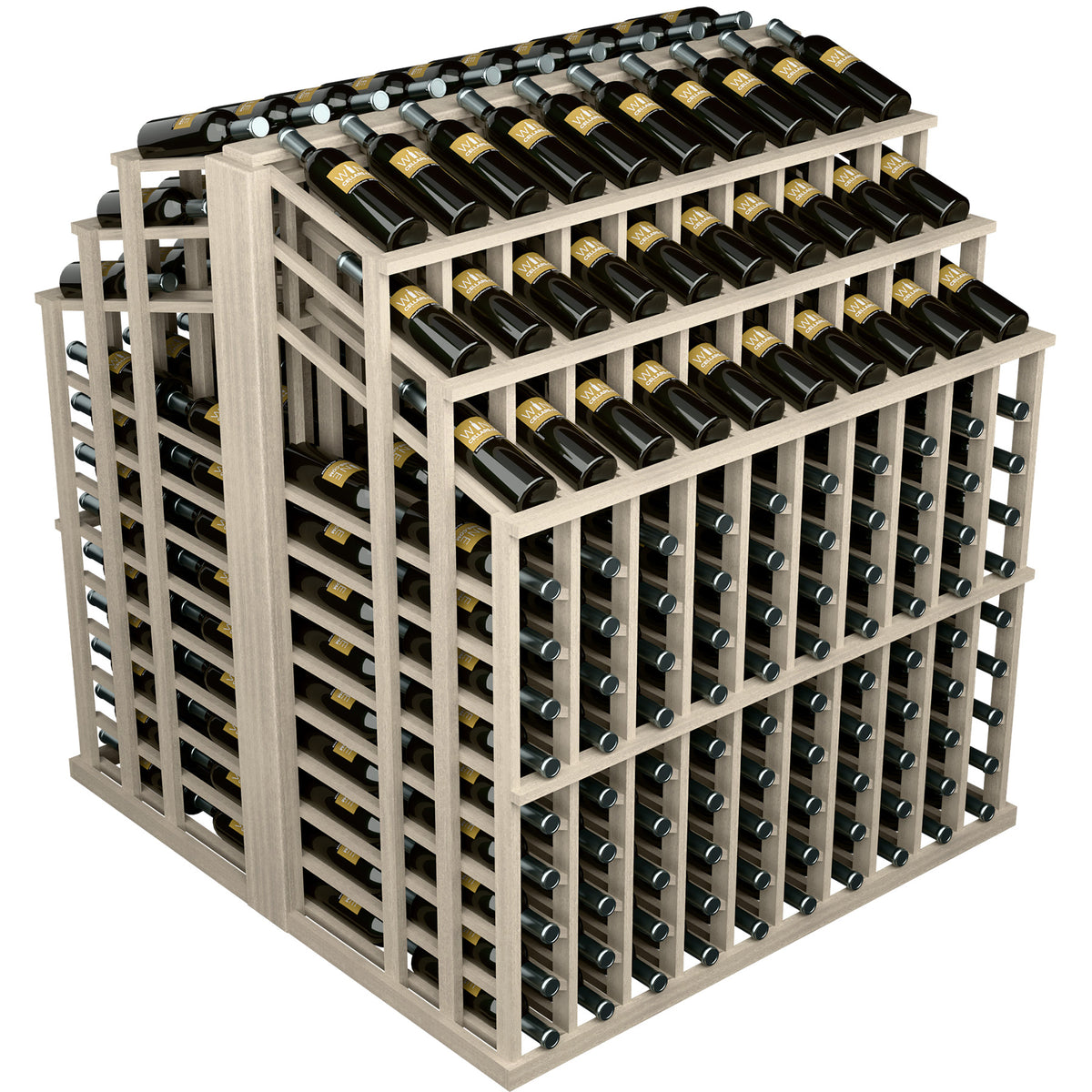 Grey-stained wood wine bottle display rack with 3 tiers and front bottle slots