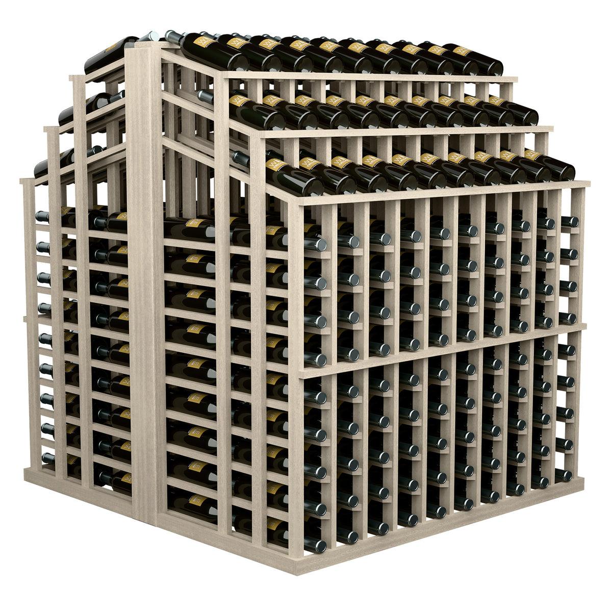 Wine bottle aisle display rack with light gray frame and rows of green bottles