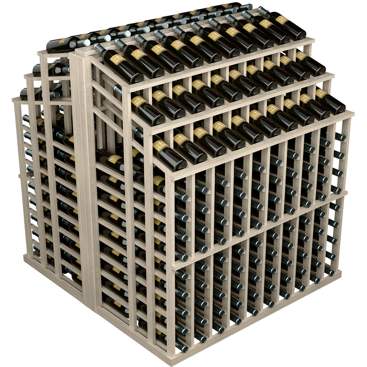 Gray wood wine bottle display rack with rows of wine bottles, angled view