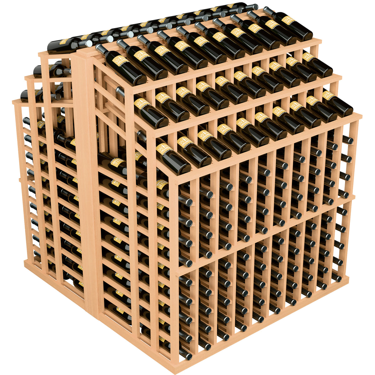Pine-toned wood wine bottle display rack holding black bottles in a grid