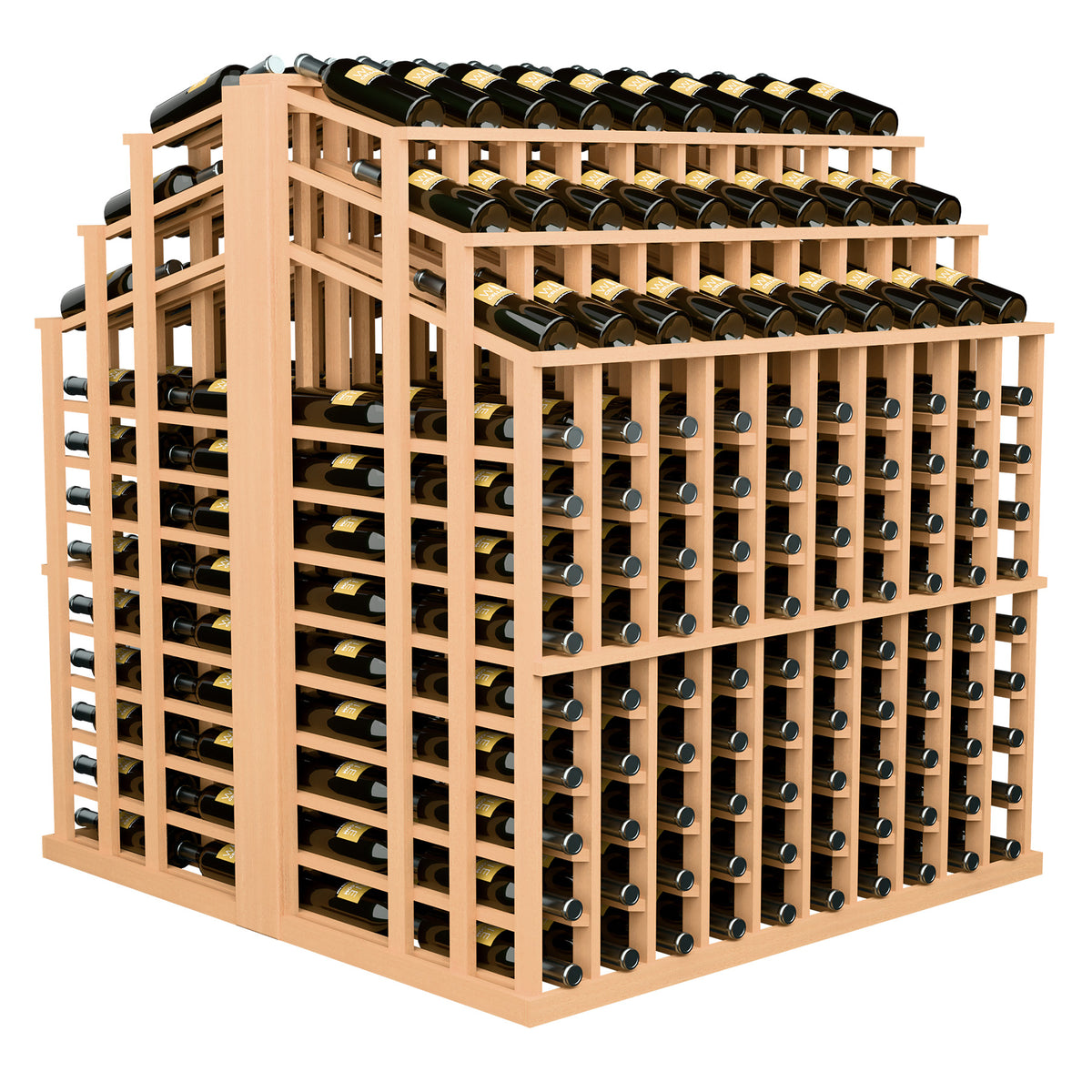 Light natural wood wine bottle display rack with 3 tiers and front bottle rows