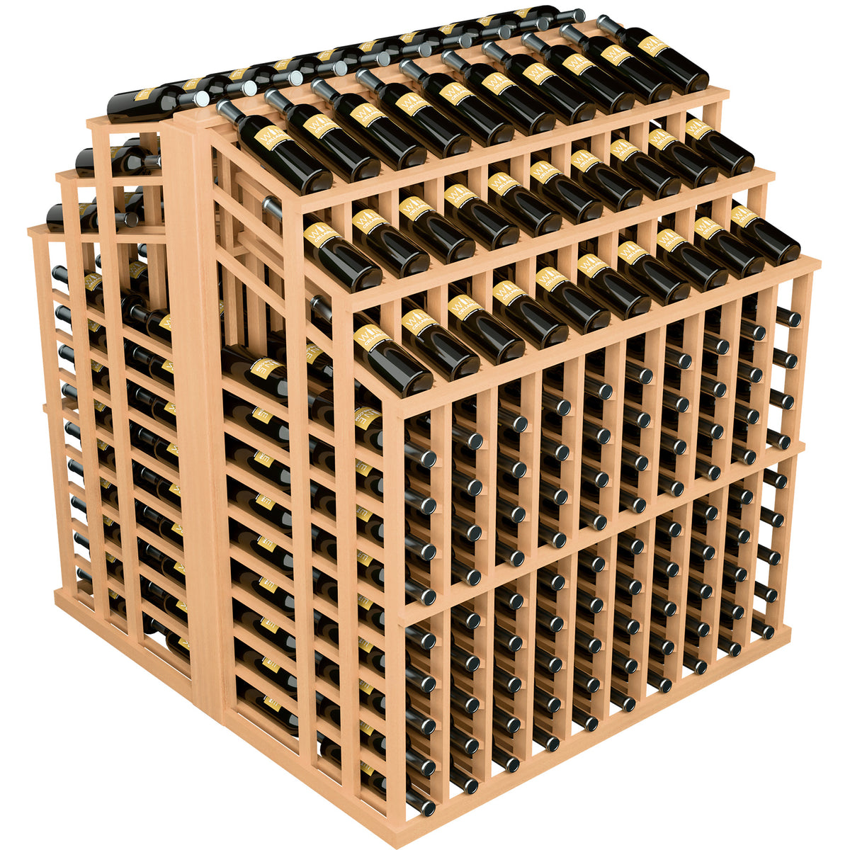 Natural wood wine bottle display rack with stacked rows of wine bottles