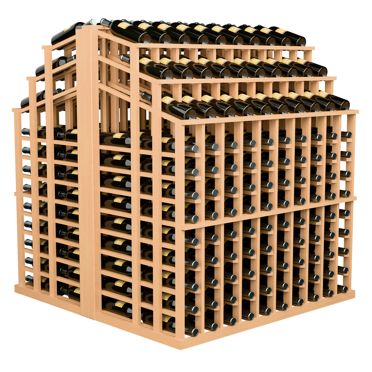 Light wood wine bottle display rack with multiple rows of wine bottles in slots