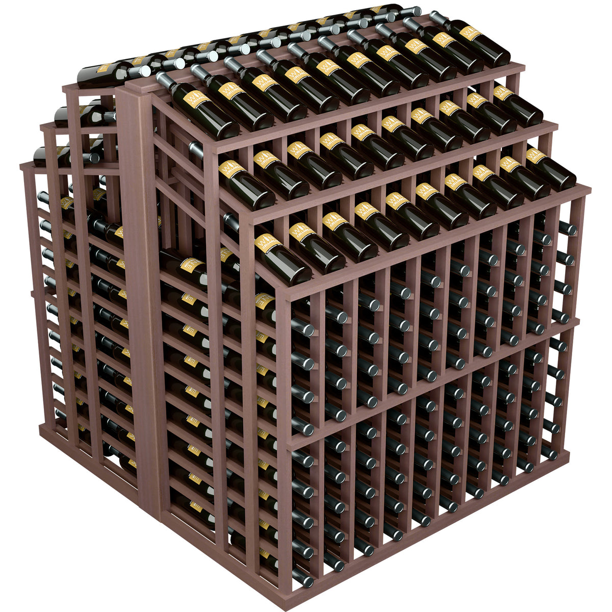 Dark wood wine bottle display rack with 3 tiers and enclosed bottle slots