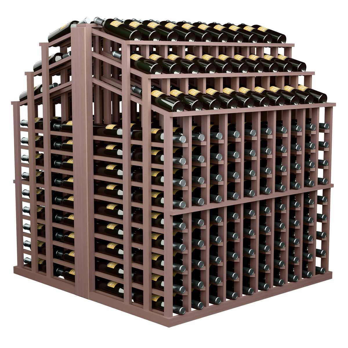 Medium brown wood wine bottle display rack with front grid of bottle holders, stacked