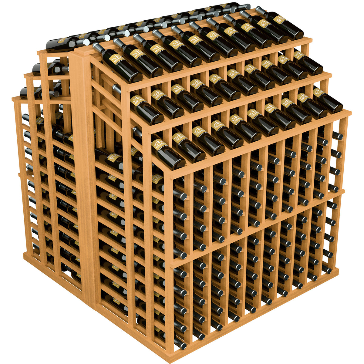 Wine bottle display rack with natural wood frame and dark bottles in front and top slots