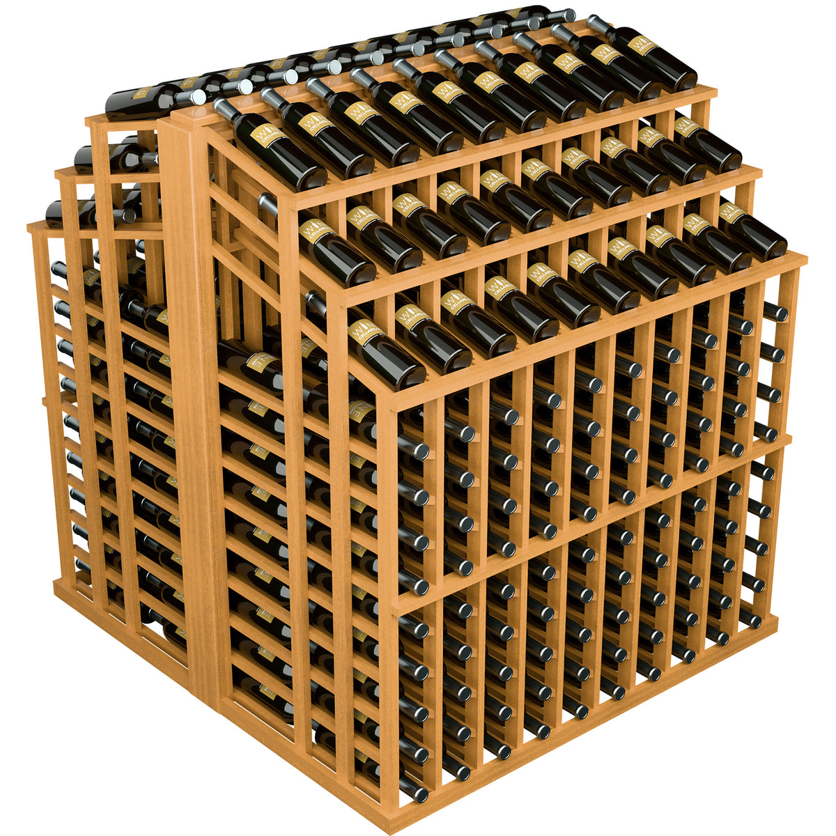 Honey wood wine bottle display rack with stacked rows of wine bottles