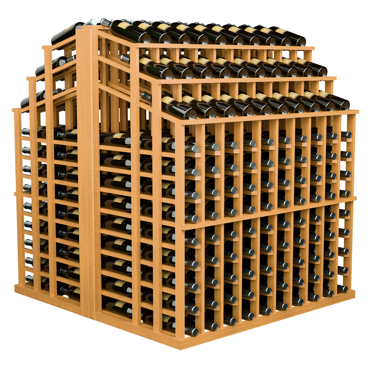 Light honey wood wine bottle display rack with multiple bottle rows and slots