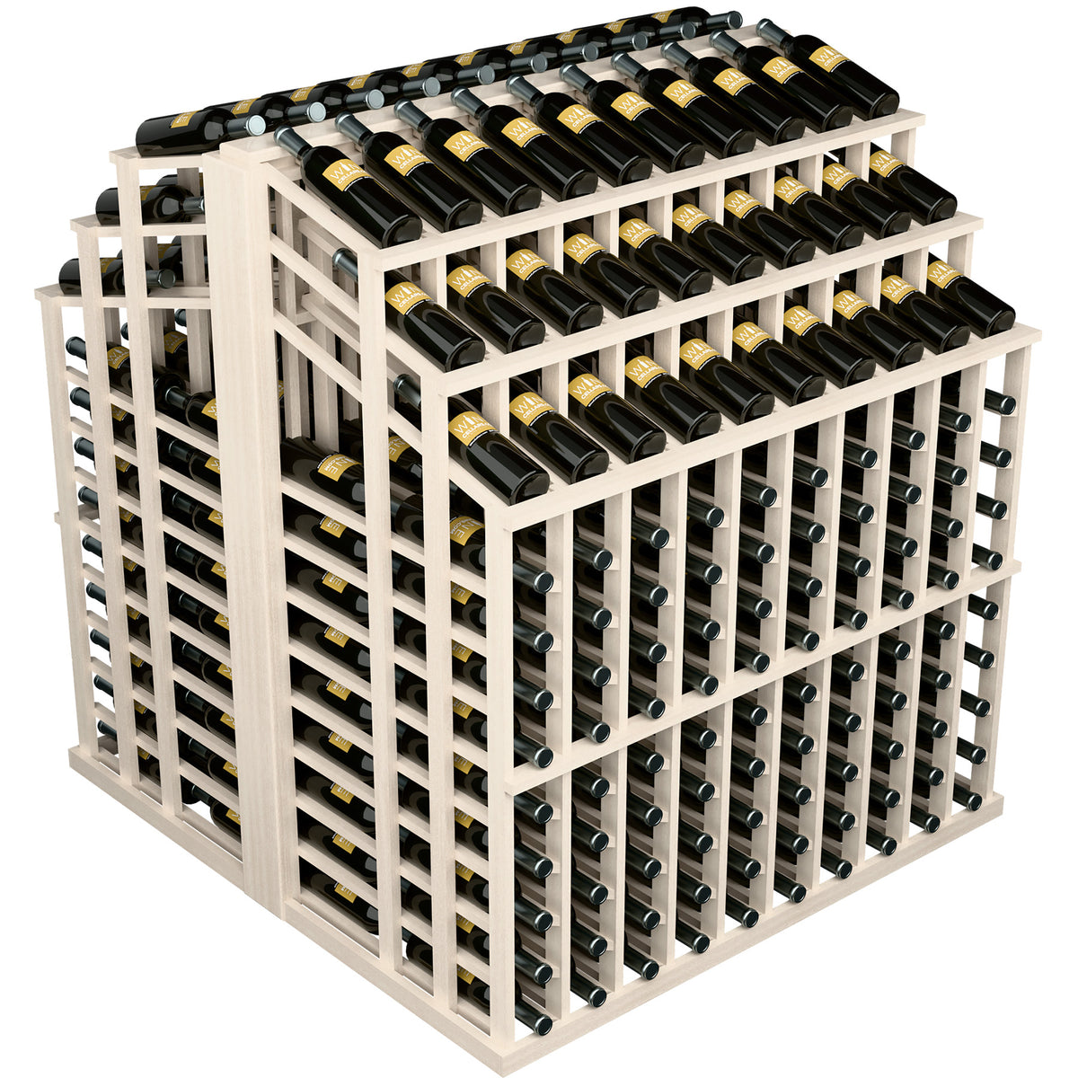 White wood wine bottle display rack with multiple rows of wine bottles