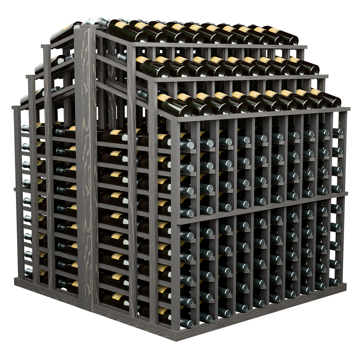 Wine bottle aisle display rack with dark gray frame and rows of green bottles