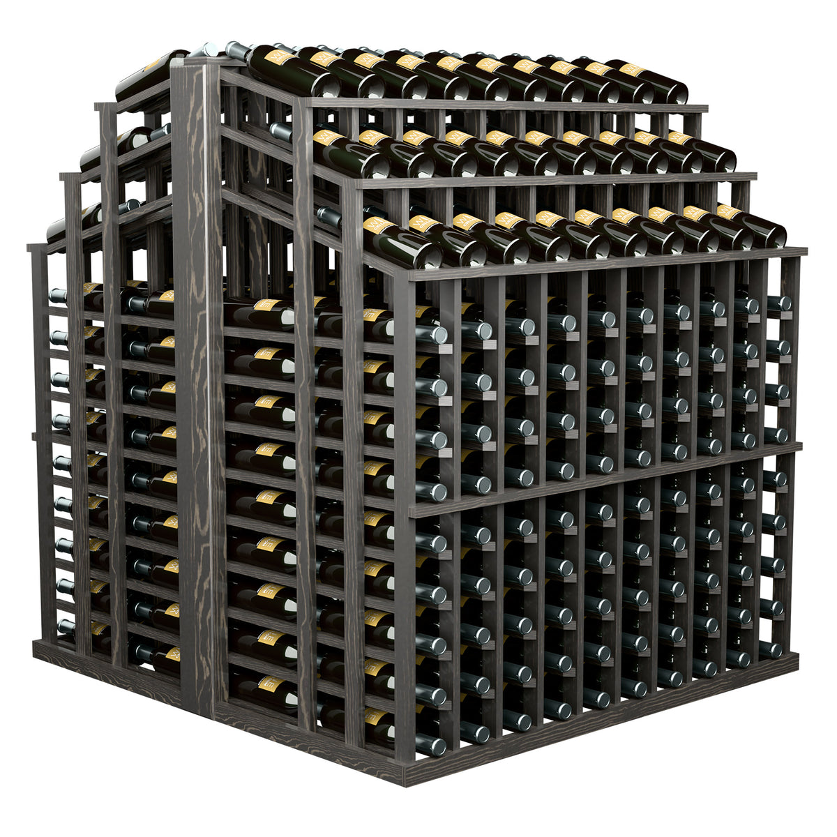 Dark wood wine bottle display with front grid and stacked bottle tiers