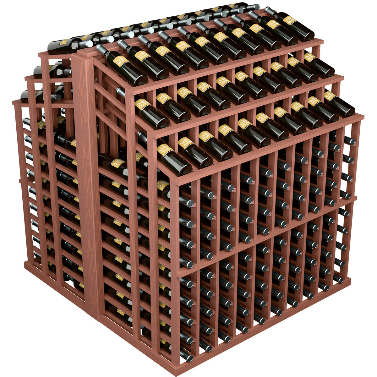 Brown wooden wine bottle storage rack with stacked bottle slots and front metal-top labels
