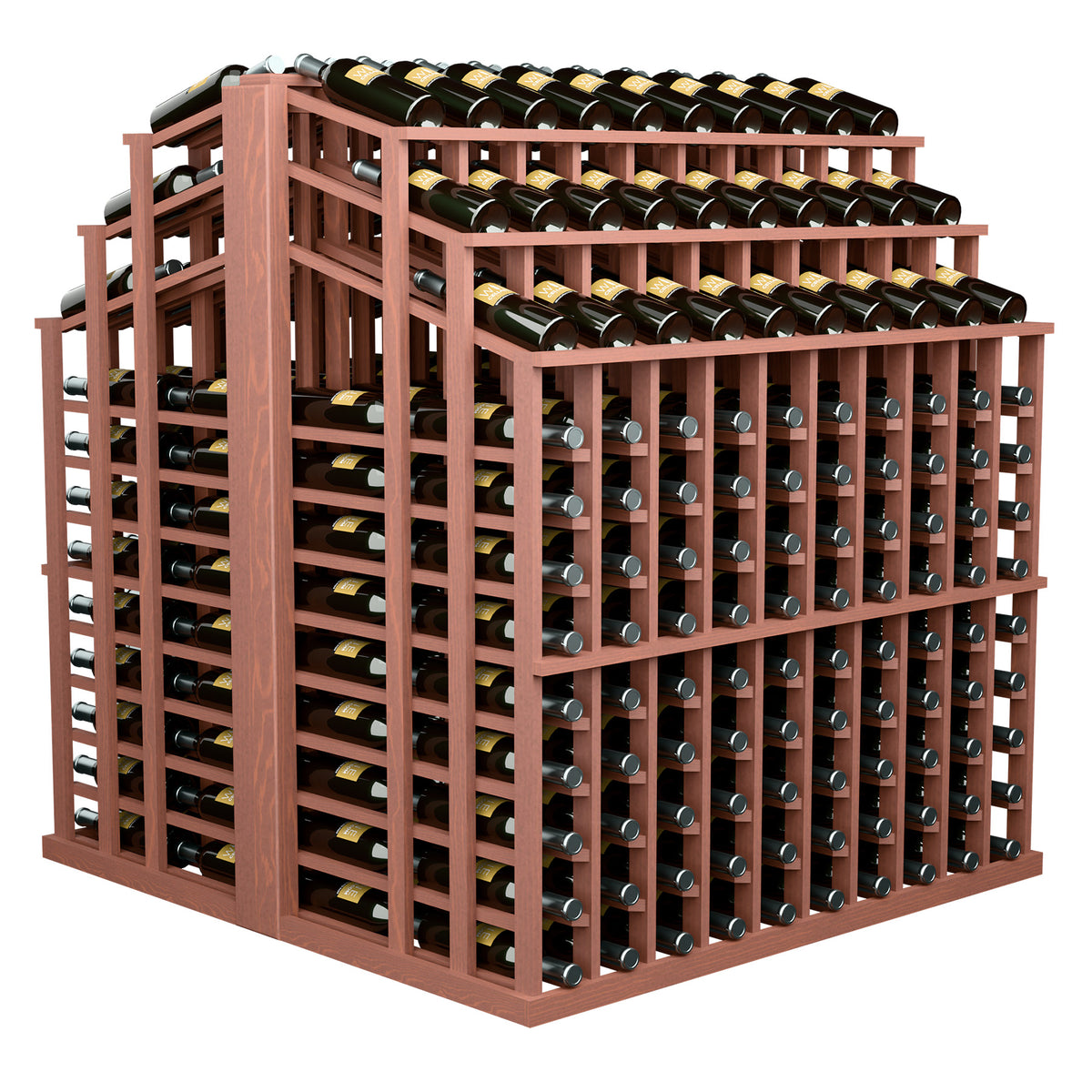 Wine bottle display rack with reddish-brown frame and capped bottles in grid