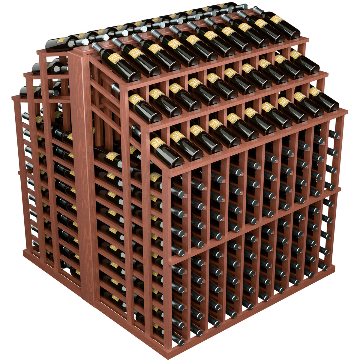 Brown wood bottle display rack with front rows and top layer of wine bottles