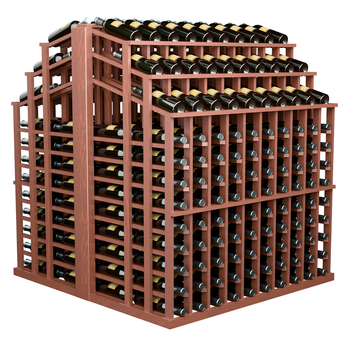 Red-brown wood wine bottle display rack with front bottle holders and top tier