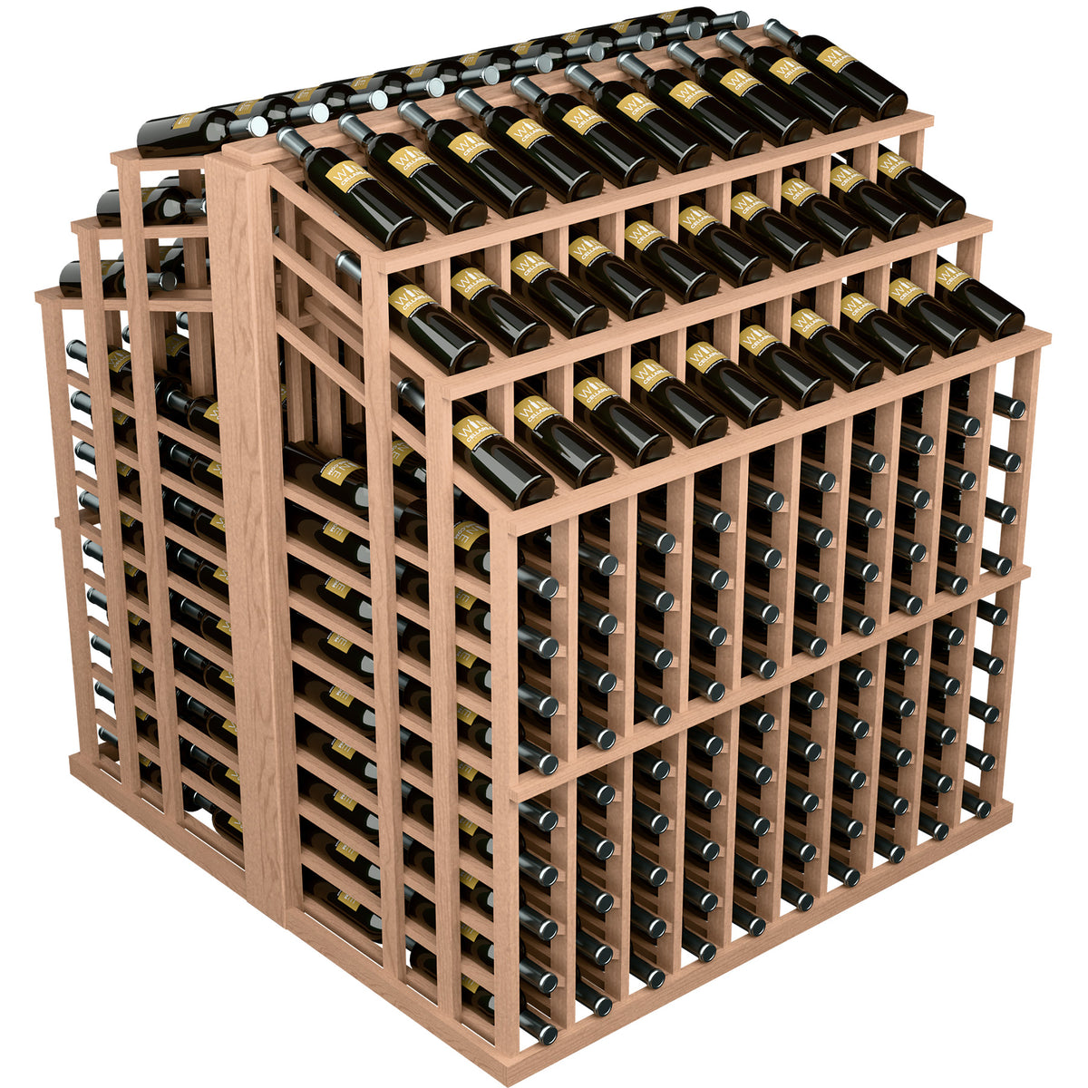 Wood wine bottle display with bottle rows on top and front, featuring empty cubby frames
