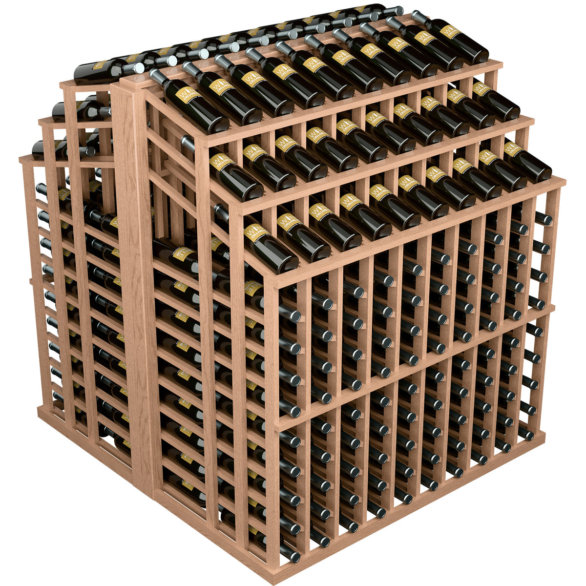 Light brown wood bottle display rack with top tier and front rows of wine bottles