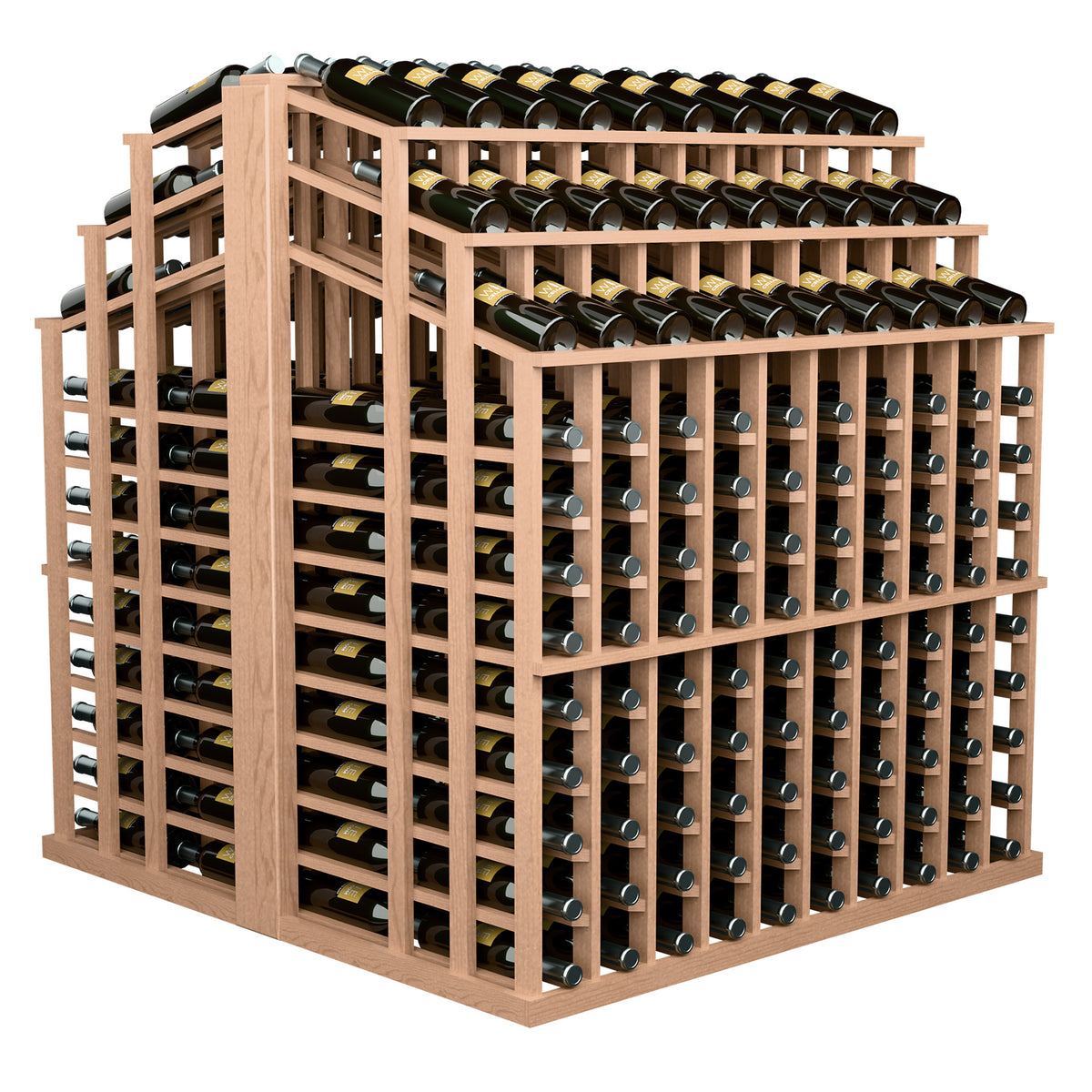 Light wood wine bottle display rack with front grid and stacked top wine bottles