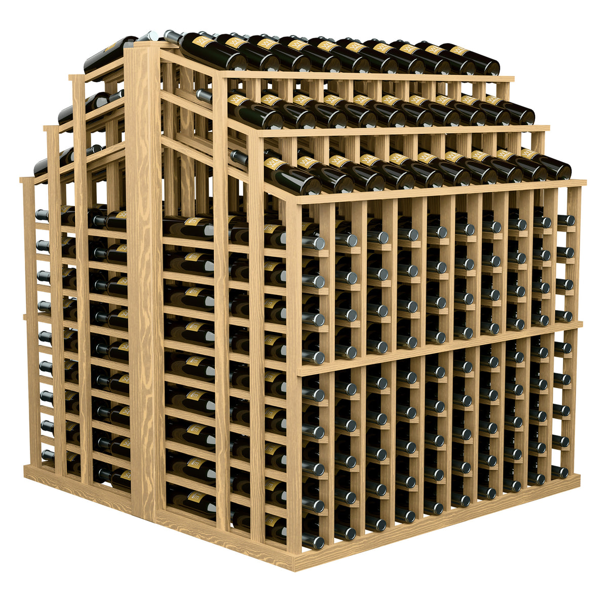 Wine bottle display rack with light wood frame and dark bottles in stacked compartments