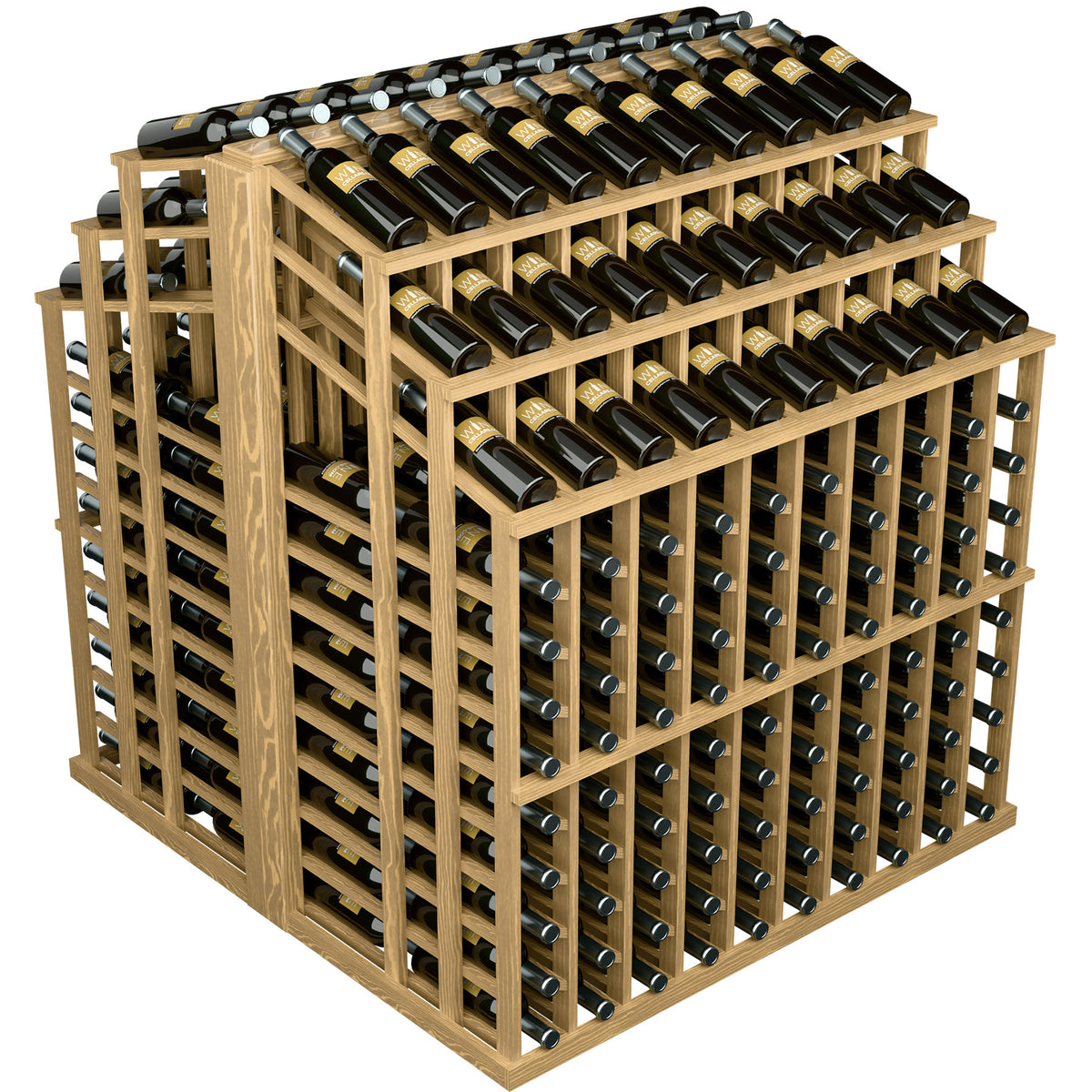 Pale wood wine bottle display with side frame and multiple front bottle rows