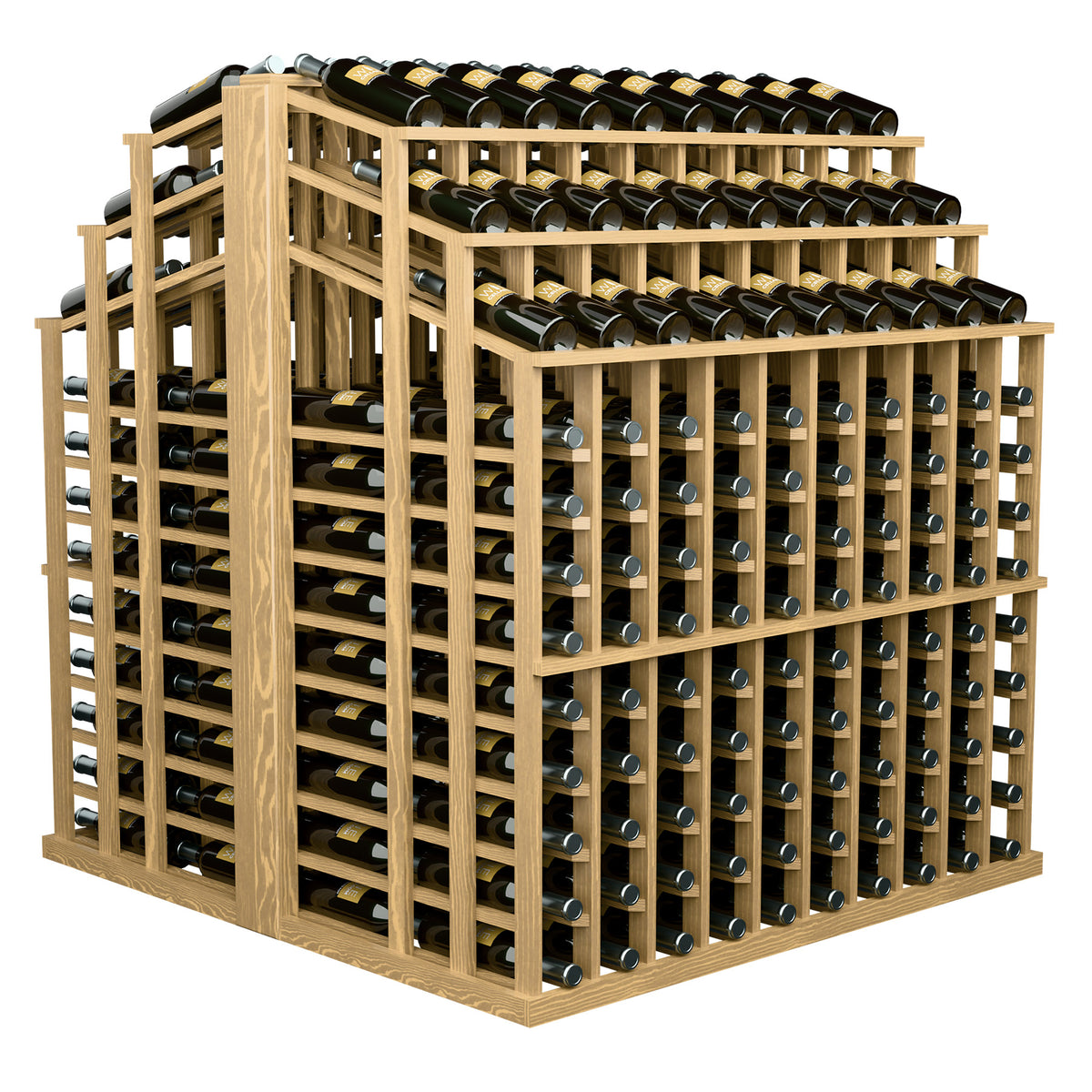 Light pine-colored wine bottle display rack with dense front and top bottle slots