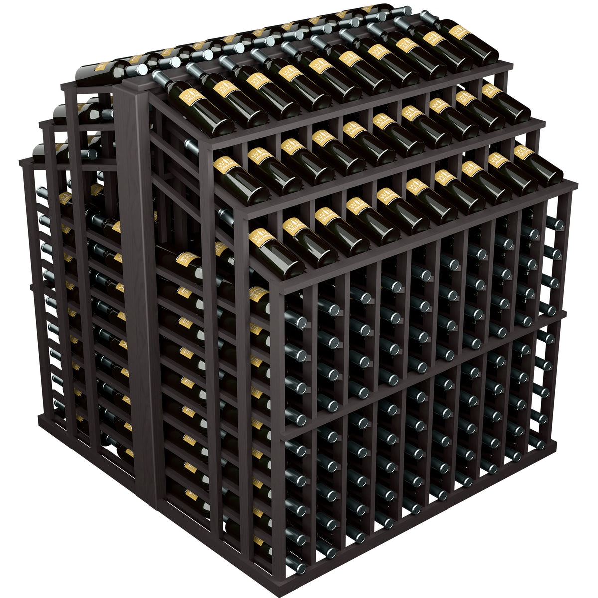 Wine bottle display rack with dark frame and bottle cradles on top and side shelves