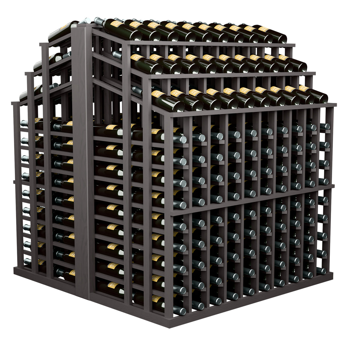 Wine bottle display rack with dark gray frame, open front showing bottle holders