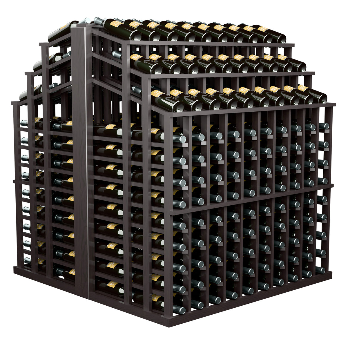 Dark wood wine bottle display rack with stacked top tier and front bottle grid