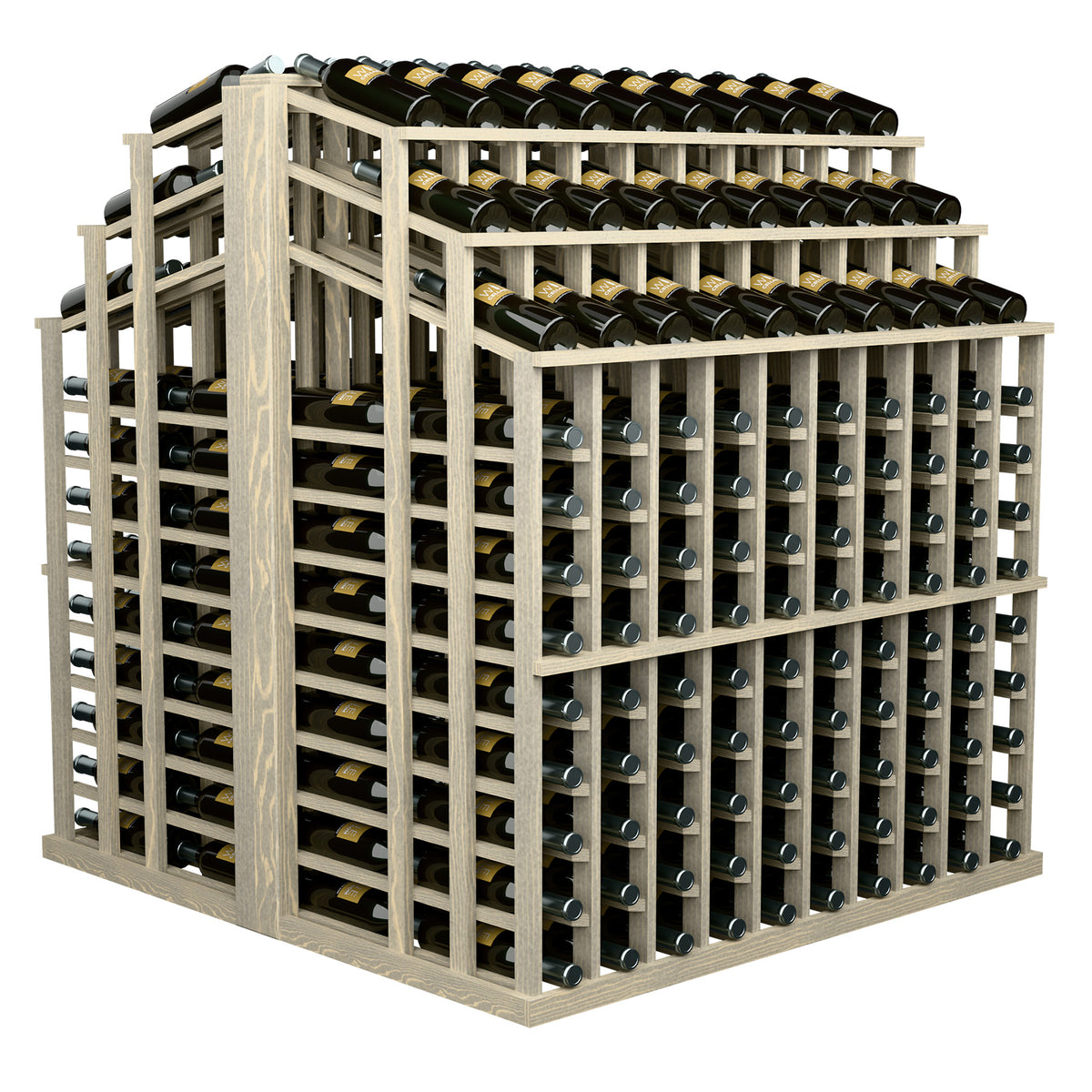 Natural wood wine bottle display rack with 3 tiers and open front bottle rows