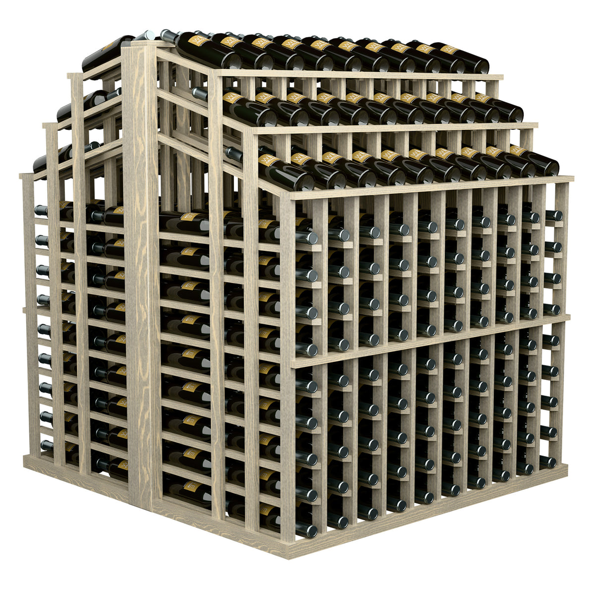 Natural wood wine bottle display rack with black bottles, angled side view