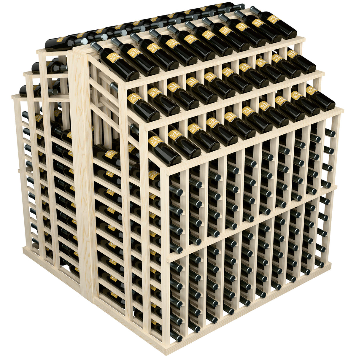 Wine bottle display rack with pale wood frame and dark bottles filling top and side rows