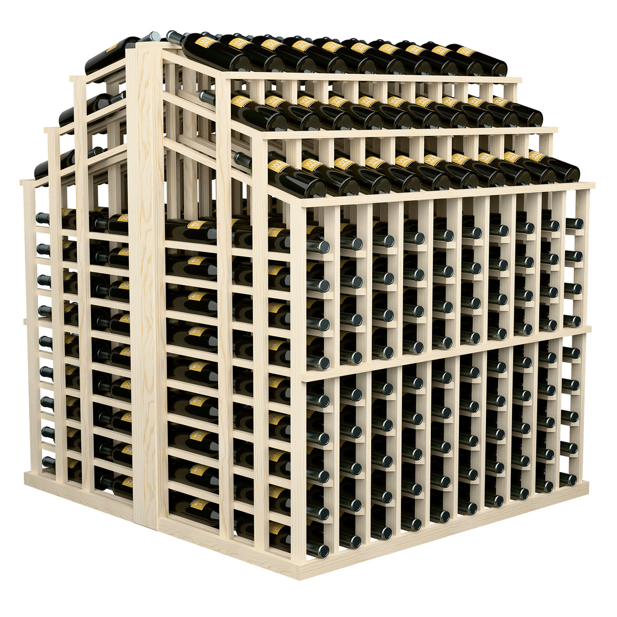 Wine bottle aisle display rack with light wood frame and rows of green bottles