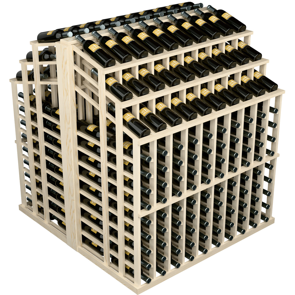 Light wood wine bottle display rack holding black bottles in divided rows