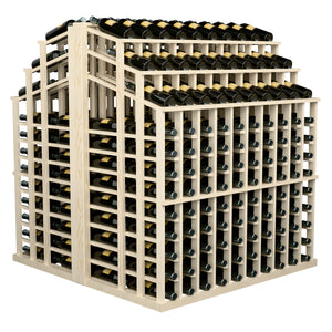 Light wood wine bottle display rack with black bottles, front corner view