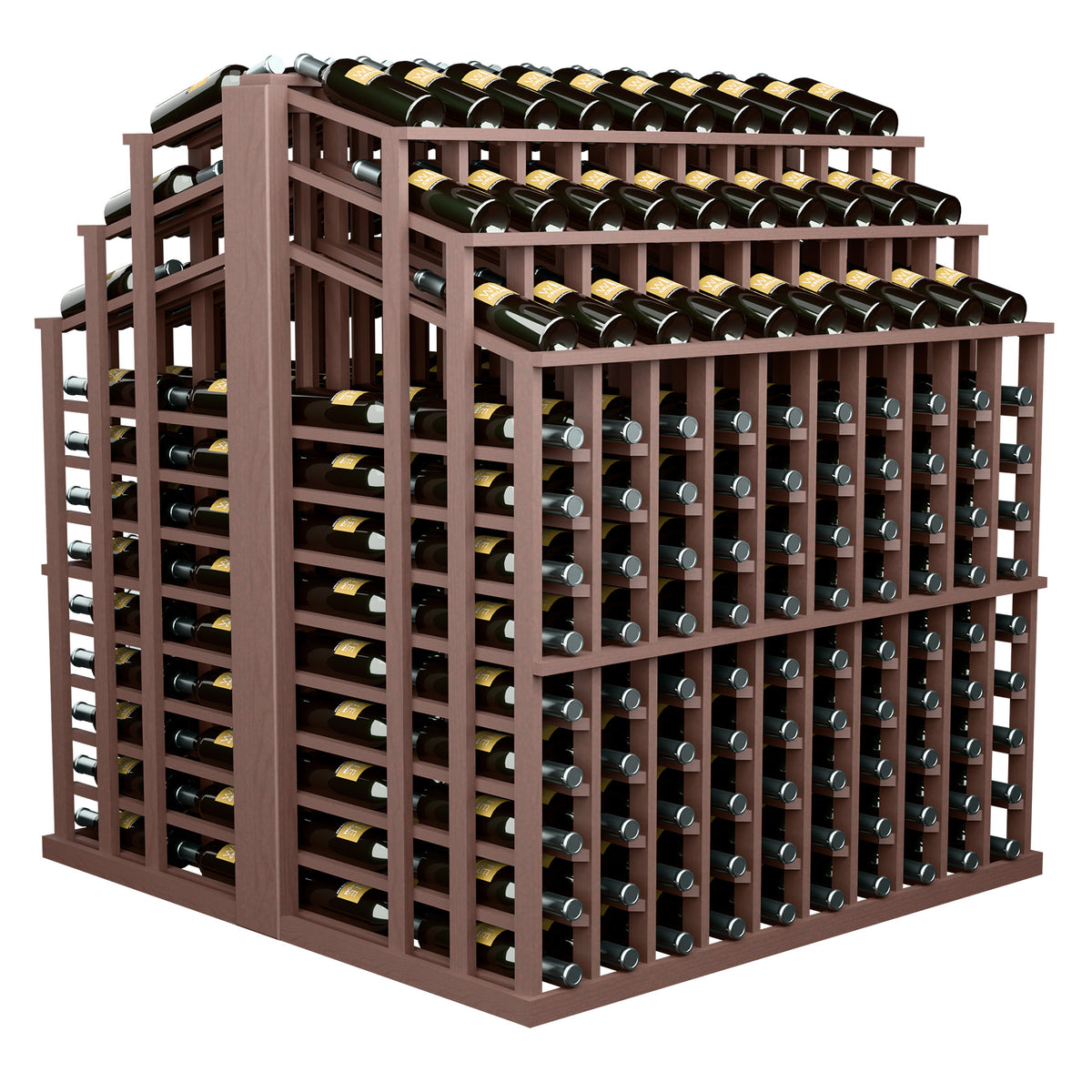 Wine bottle display rack with brown frame, rows of bottle slots on three sides