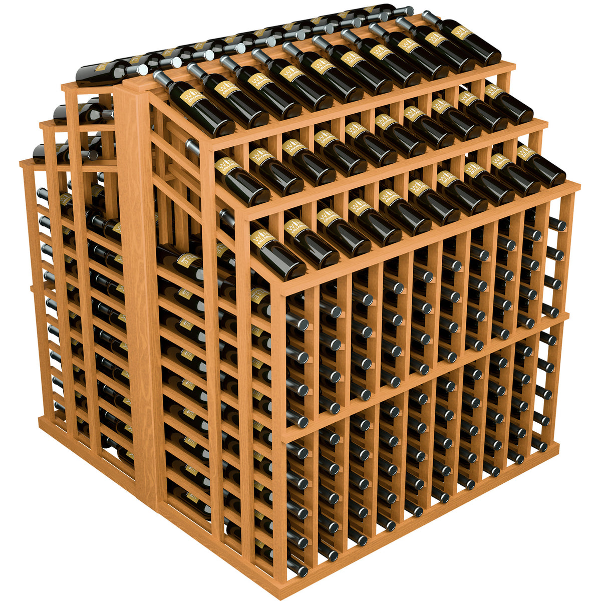 Natural wood wine bottle display rack with black bottles in grid rows