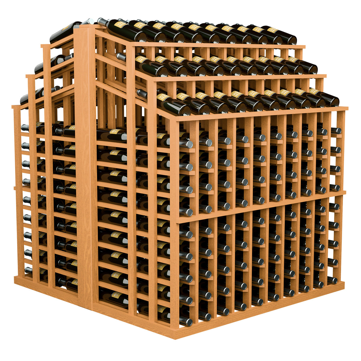 Natural wood wine bottle display rack with open grid cubbies and rows of dark bottles