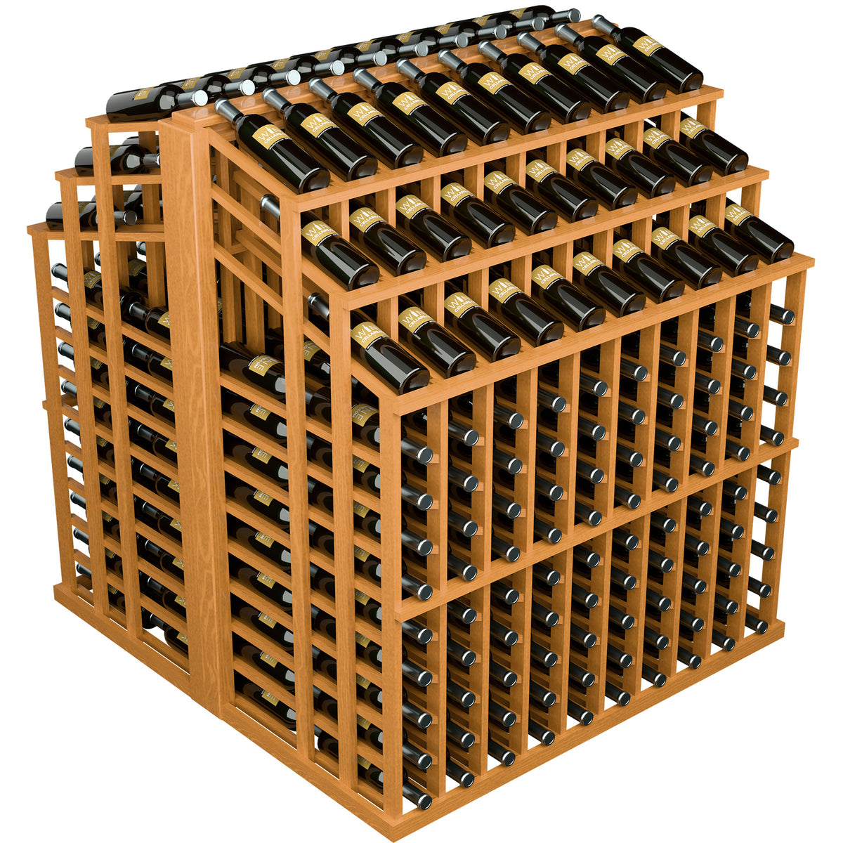 Golden wood wine bottle display rack with black bottles, corner perspective