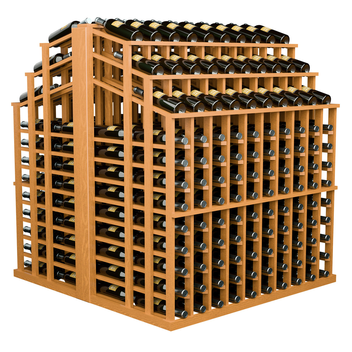 Golden wood wine bottle display rack holding black bottles in front slots