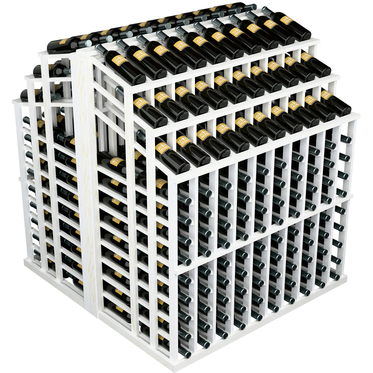 Wine bottle display rack with white frame and dark bottles in multiple tiers