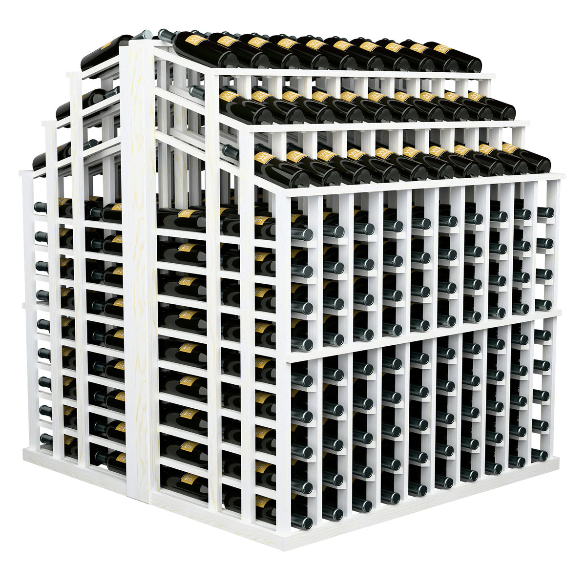 Wine bottle aisle display rack with white frame and rows of green bottles