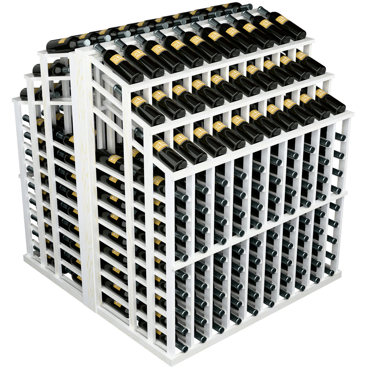 White wood wine bottle display rack with black bottles, angled corner view